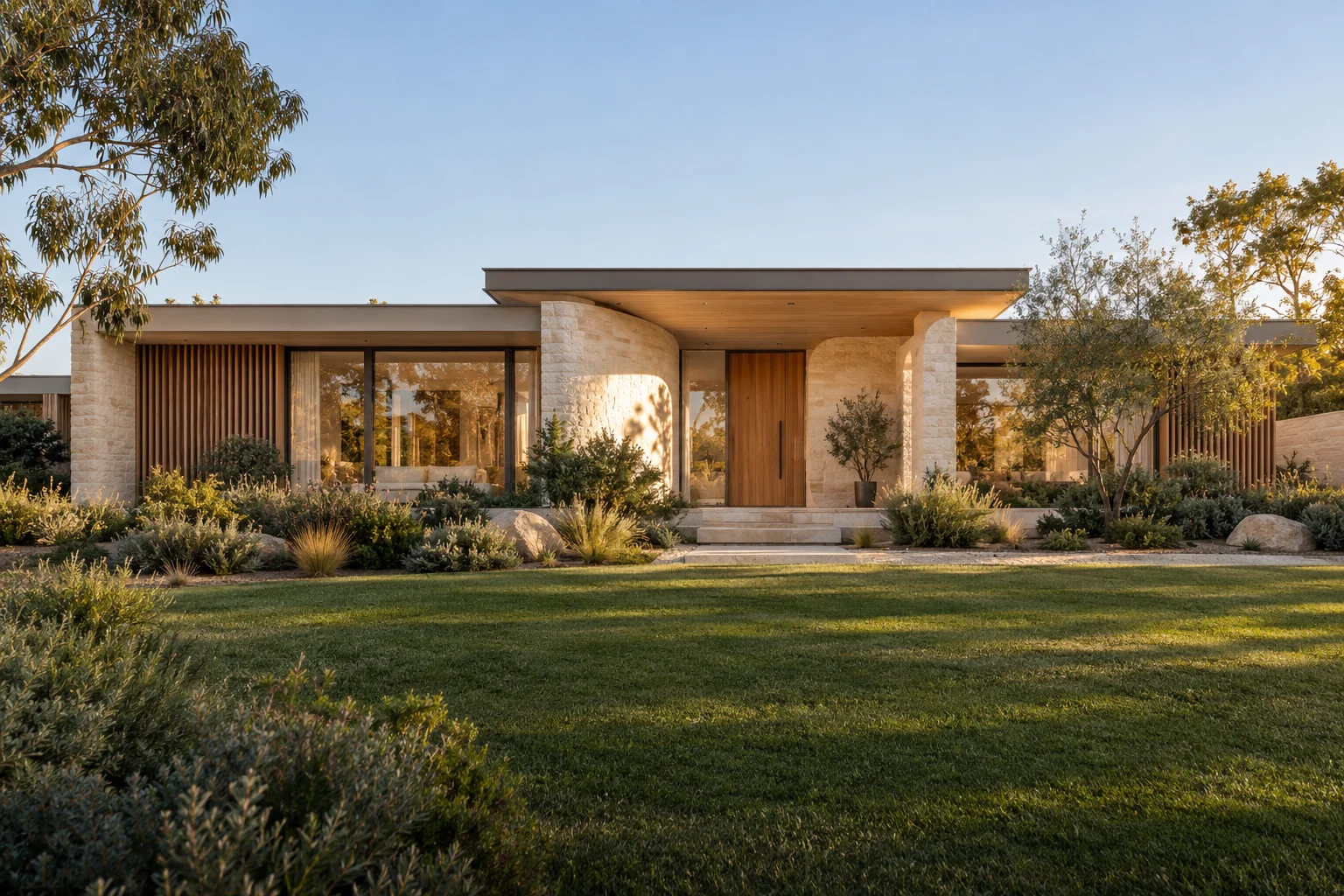 AI-generated contemporary Australian home with limestone, timber and native landscaping