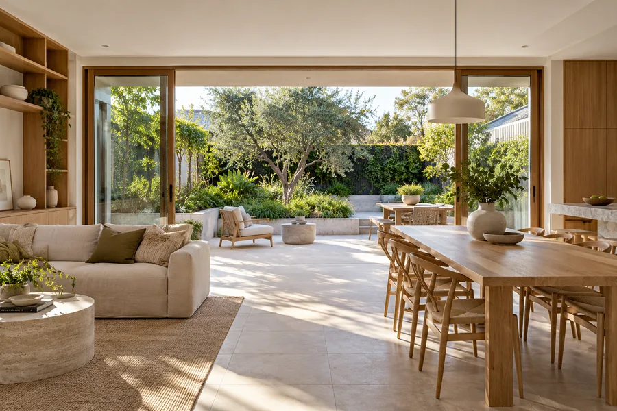 AI-generated bright residential interior and landscaped courtyard