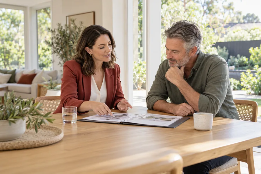AI-generated editorial scene of a property professional assisting an adult client