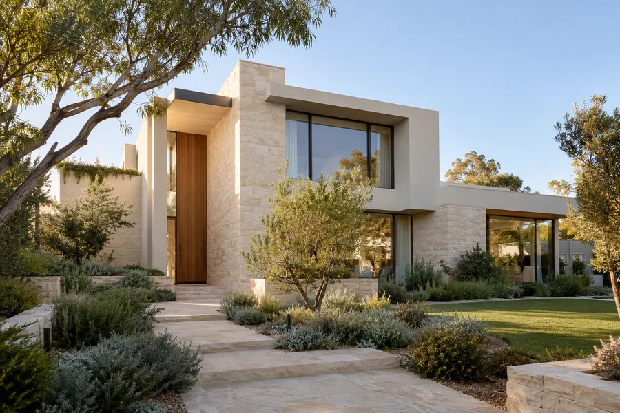 AI-generated contemporary Australian home with limestone and native planting